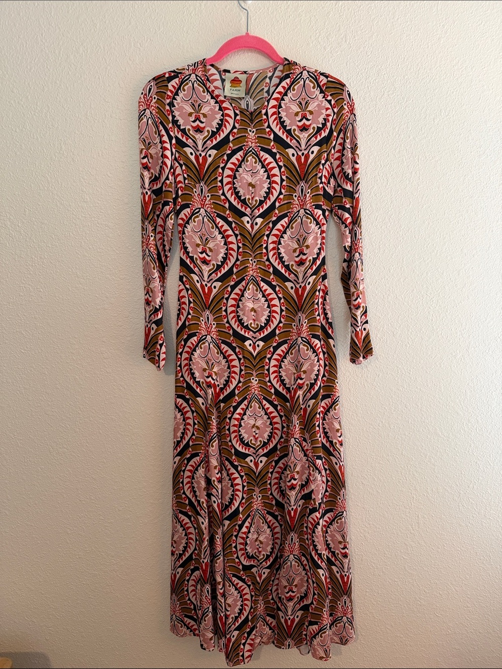 Farm Rio Brown Pineapple Jewelry Midi Dress Long Sleeve Size XS? Missing Tag - Picture 2 of 9